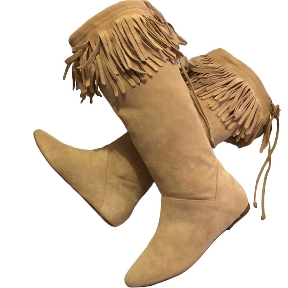 Daniblack Festival Fringe Suede Leather Boots in Camel Sz9